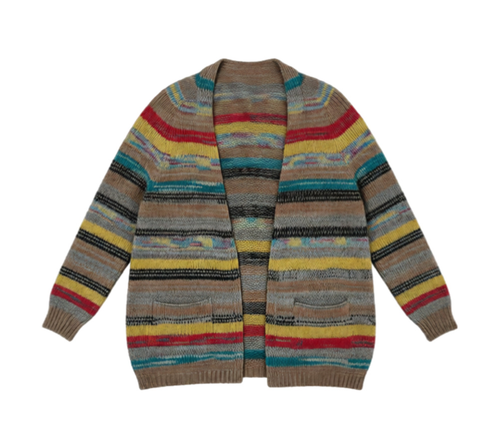 Cozy Boho Rainbow Striped Knit Open Front Cardigan Sweater with Pockets